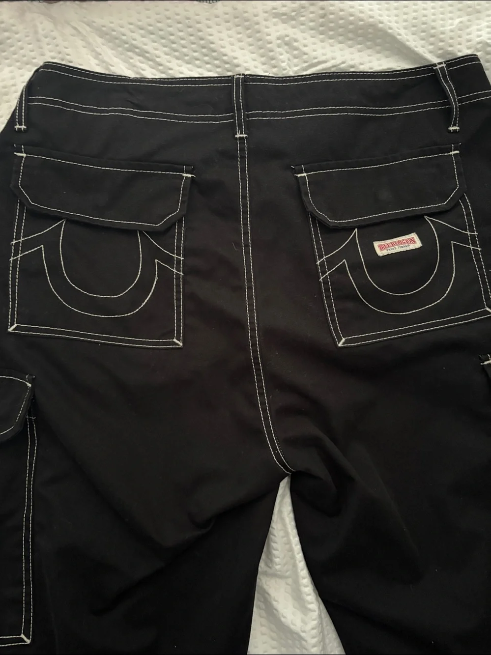 True Religion Black Bootcut Cargo Jeans with Contrast Stitching 34/34